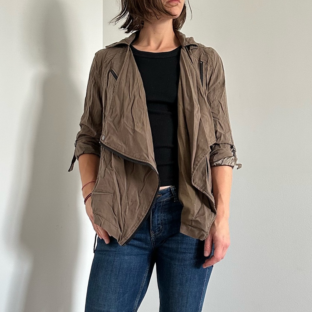 Blank NYC Tencel Moto Jacket Olive Green Brown Small